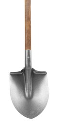 Photo of Metal shovel with wooden handle isolated on white