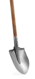 Photo of Metal shovel with wooden handle isolated on white