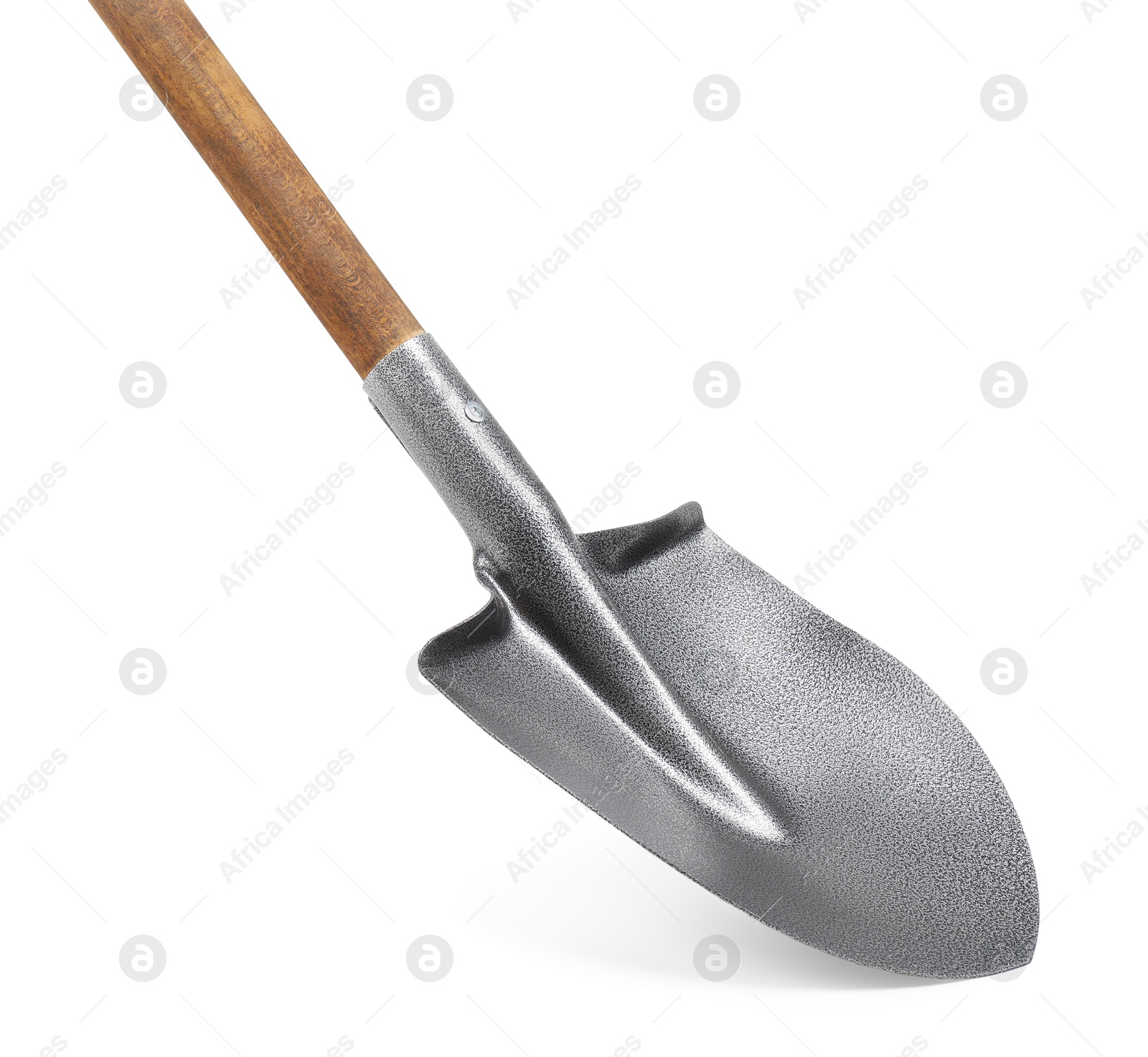 Photo of Metal shovel with wooden handle isolated on white