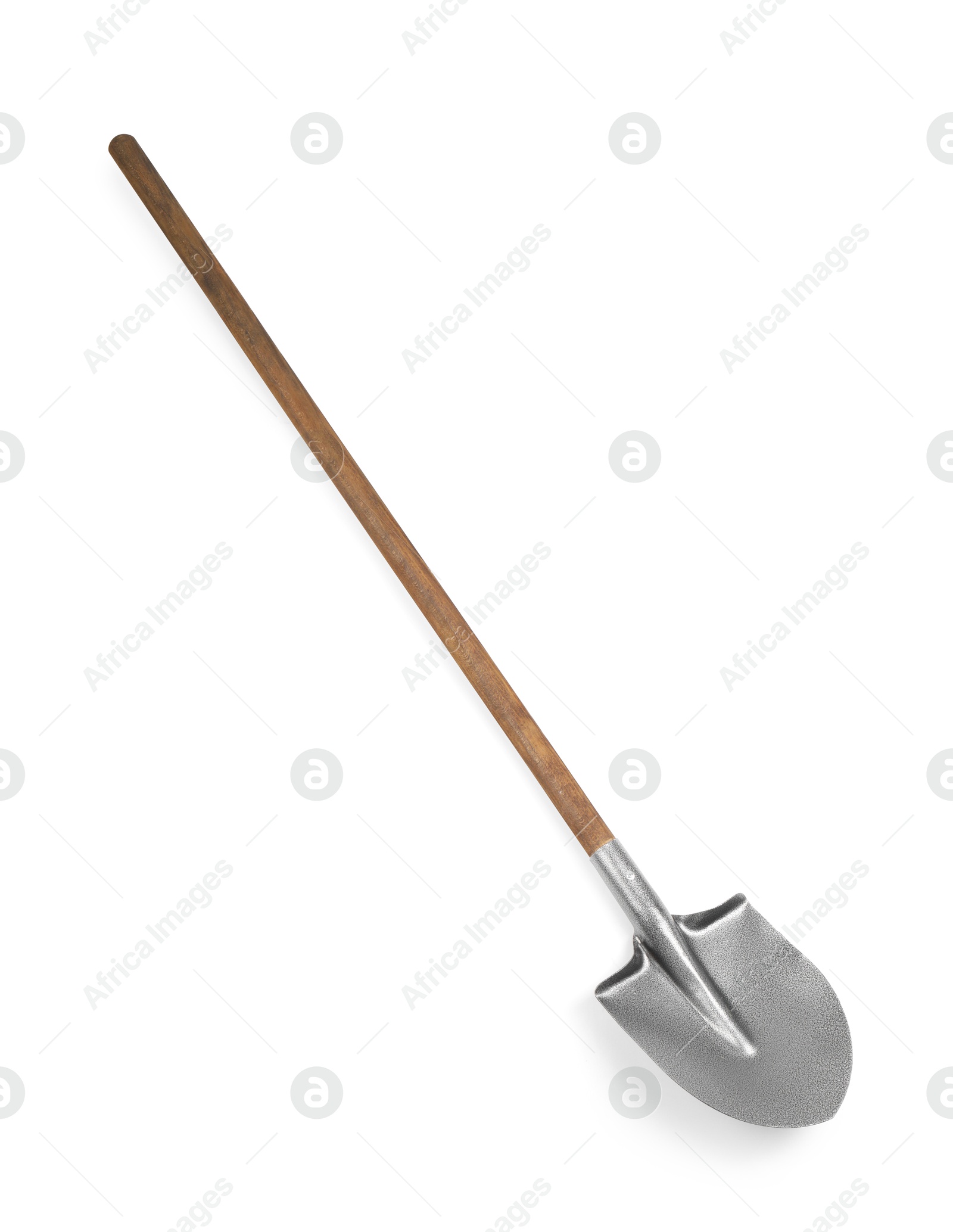 Photo of Metal shovel with wooden handle isolated on white