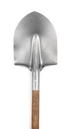 Photo of Metal shovel with wooden handle isolated on white, top view