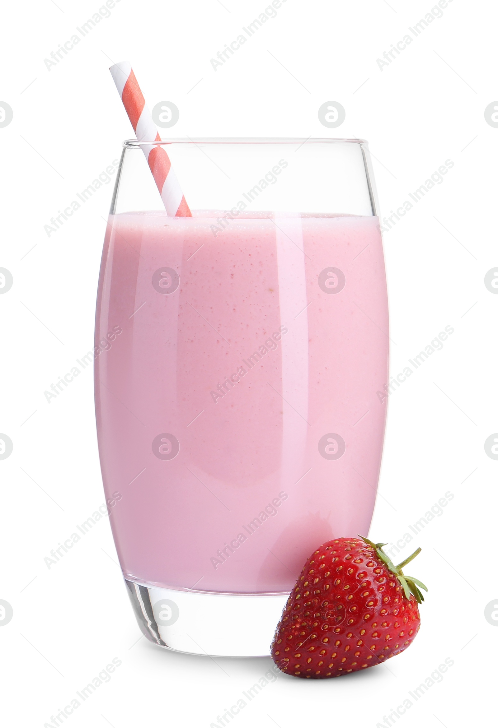 Photo of Tasty yogurt in glass and fresh strawberry isolated on white