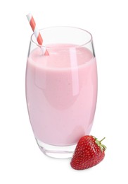 Tasty yogurt in glass and fresh strawberry isolated on white