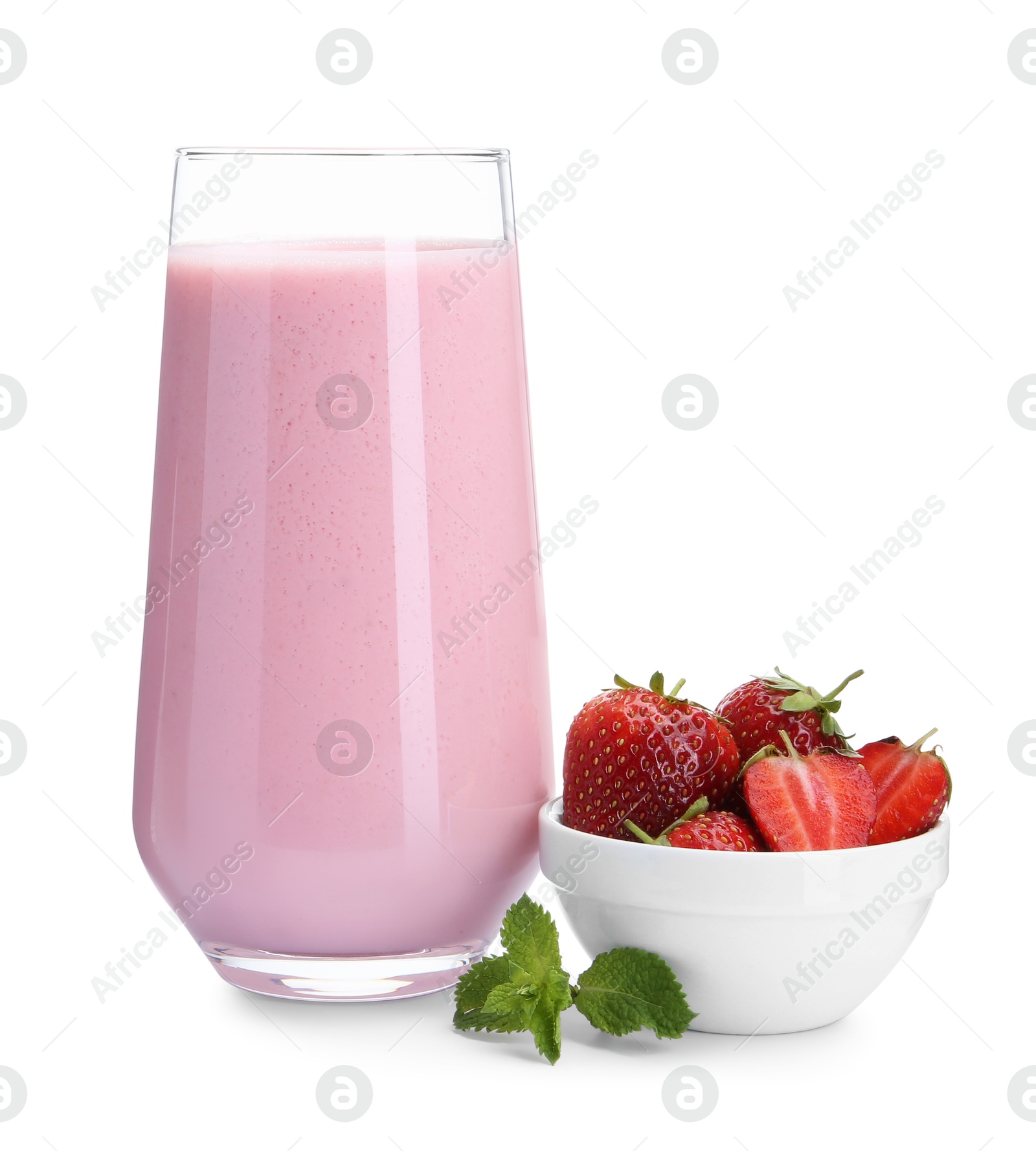 Photo of Tasty yogurt in glass, fresh strawberries and mint isolated on white