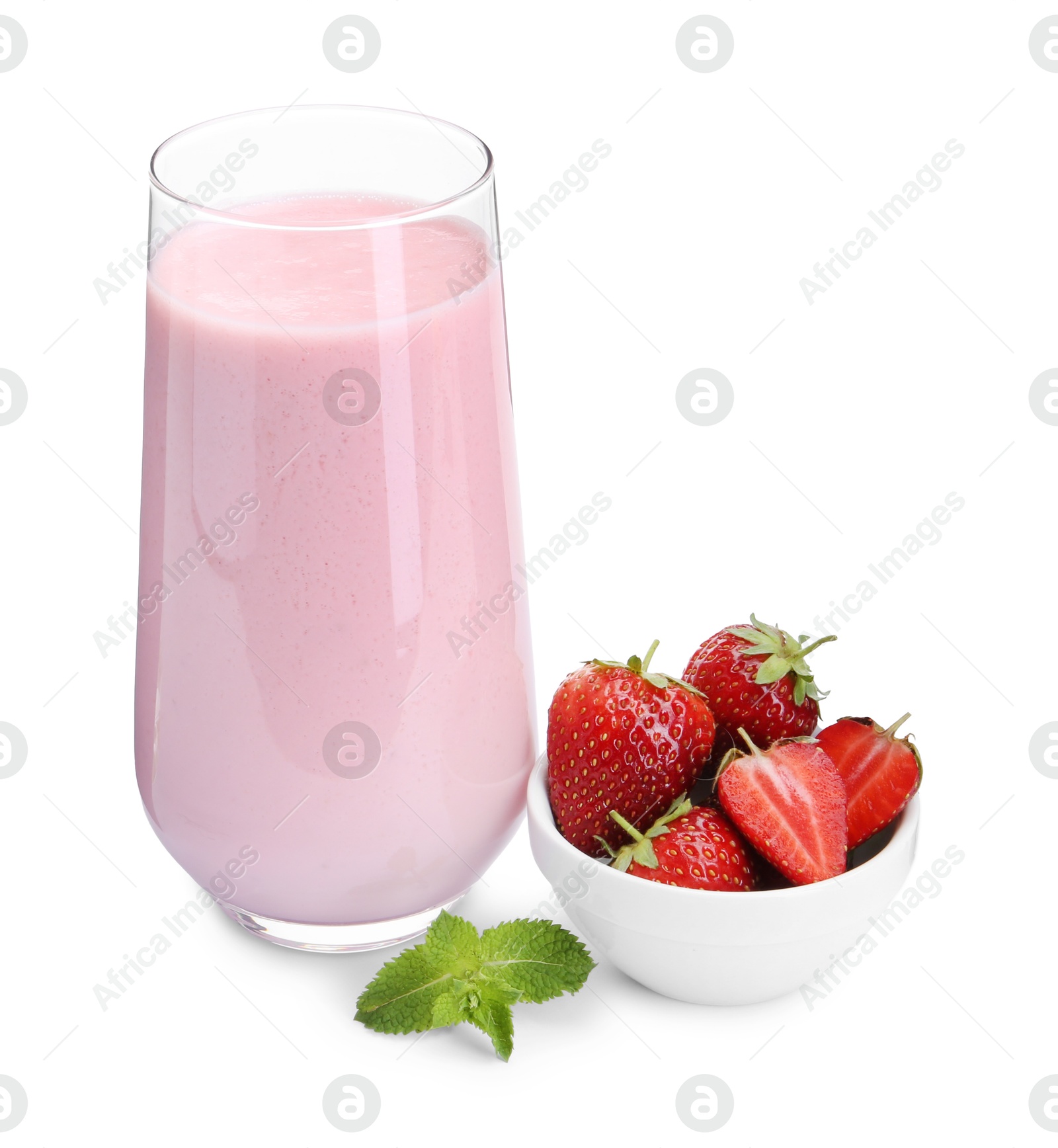 Photo of Tasty yogurt in glass, fresh strawberries and mint isolated on white