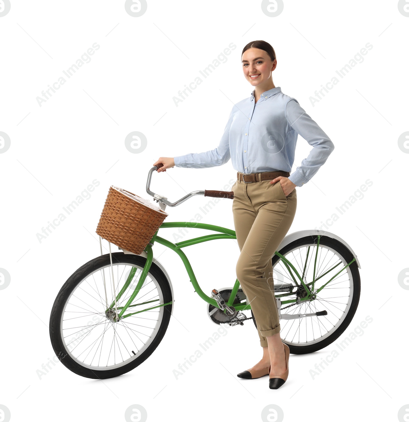 Photo of Smiling woman near bicycle with basket isolated on white