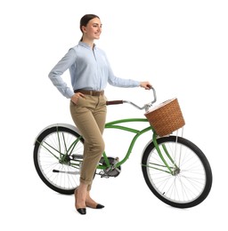 Photo of Smiling woman near bicycle with basket isolated on white