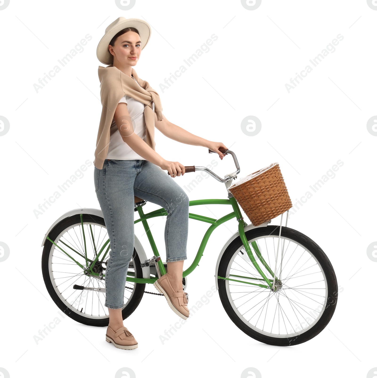 Photo of Beautiful young woman with bicycle against white background