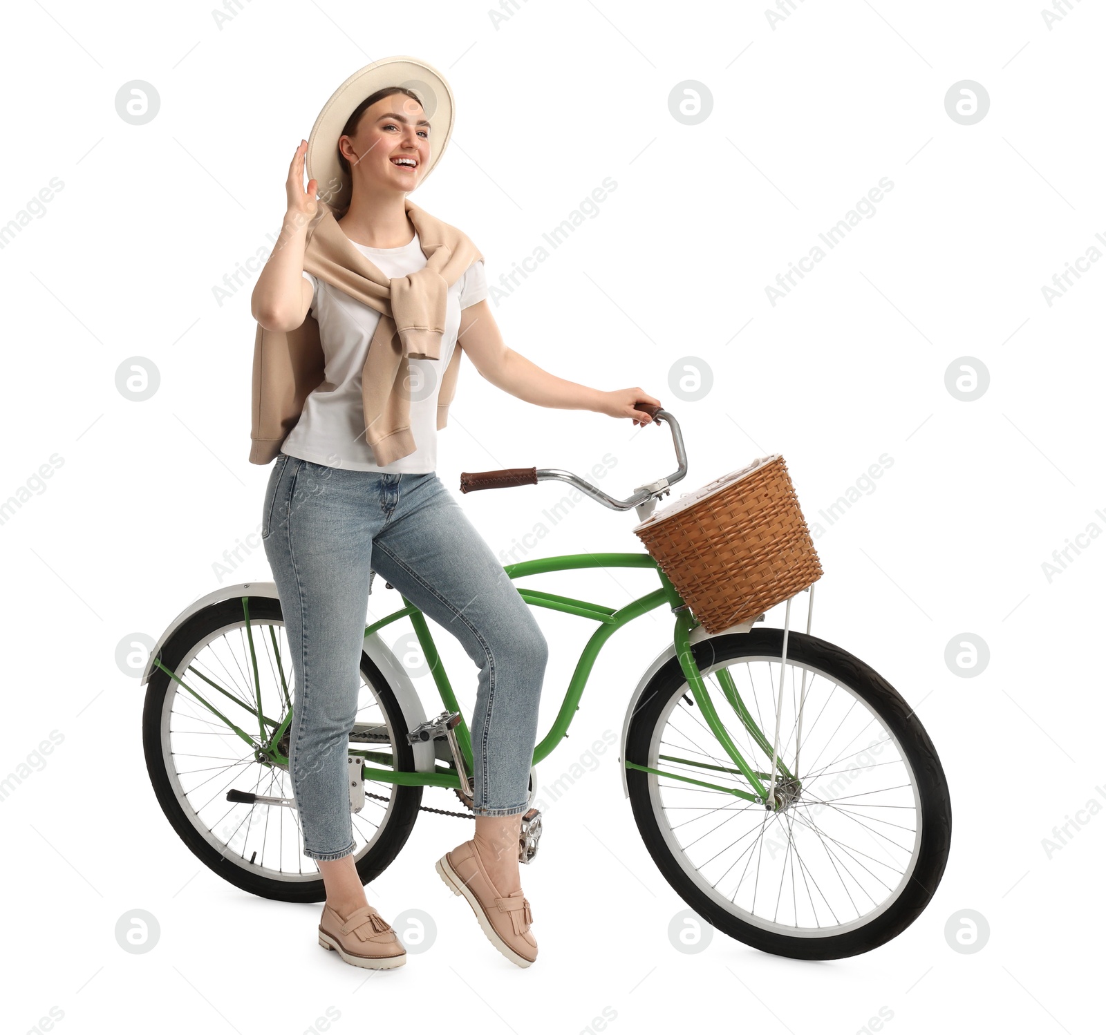 Photo of Smiling woman with bicycle against white background