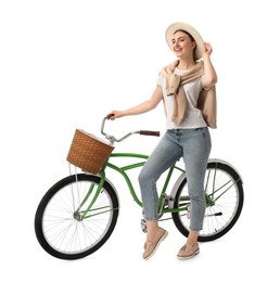Photo of Smiling woman with bicycle against white background