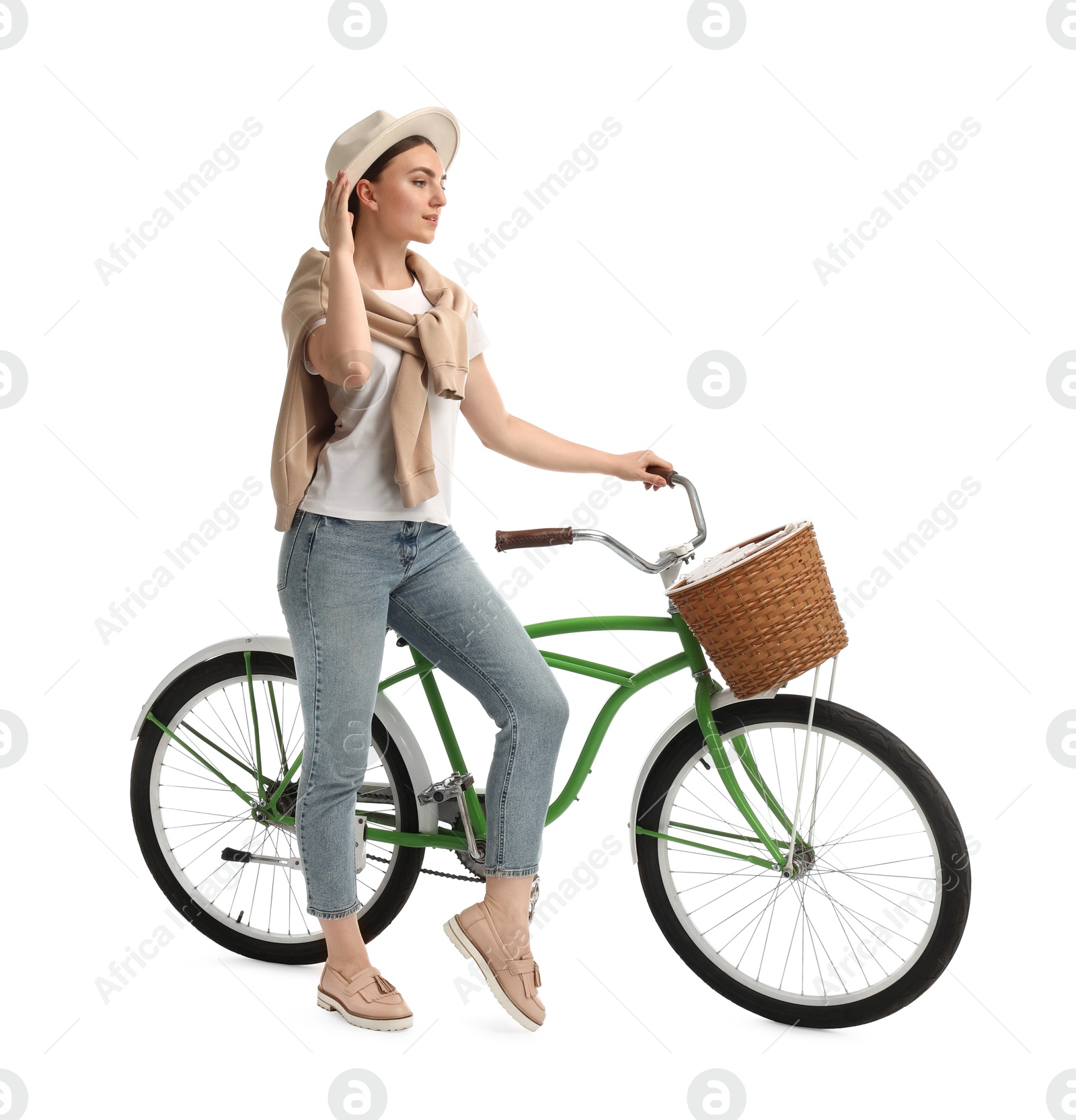 Photo of Beautiful young woman with bicycle against white background