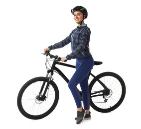 Photo of Smiling woman in helmet with bicycle isolated on white