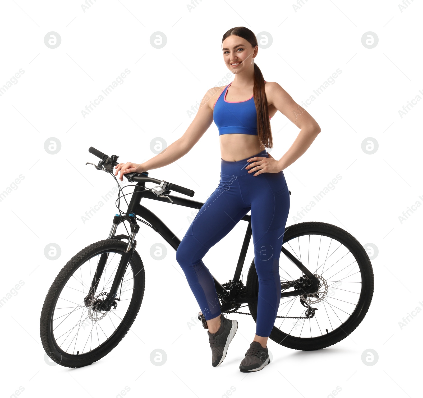 Photo of Smiling woman with bicycle isolated on white