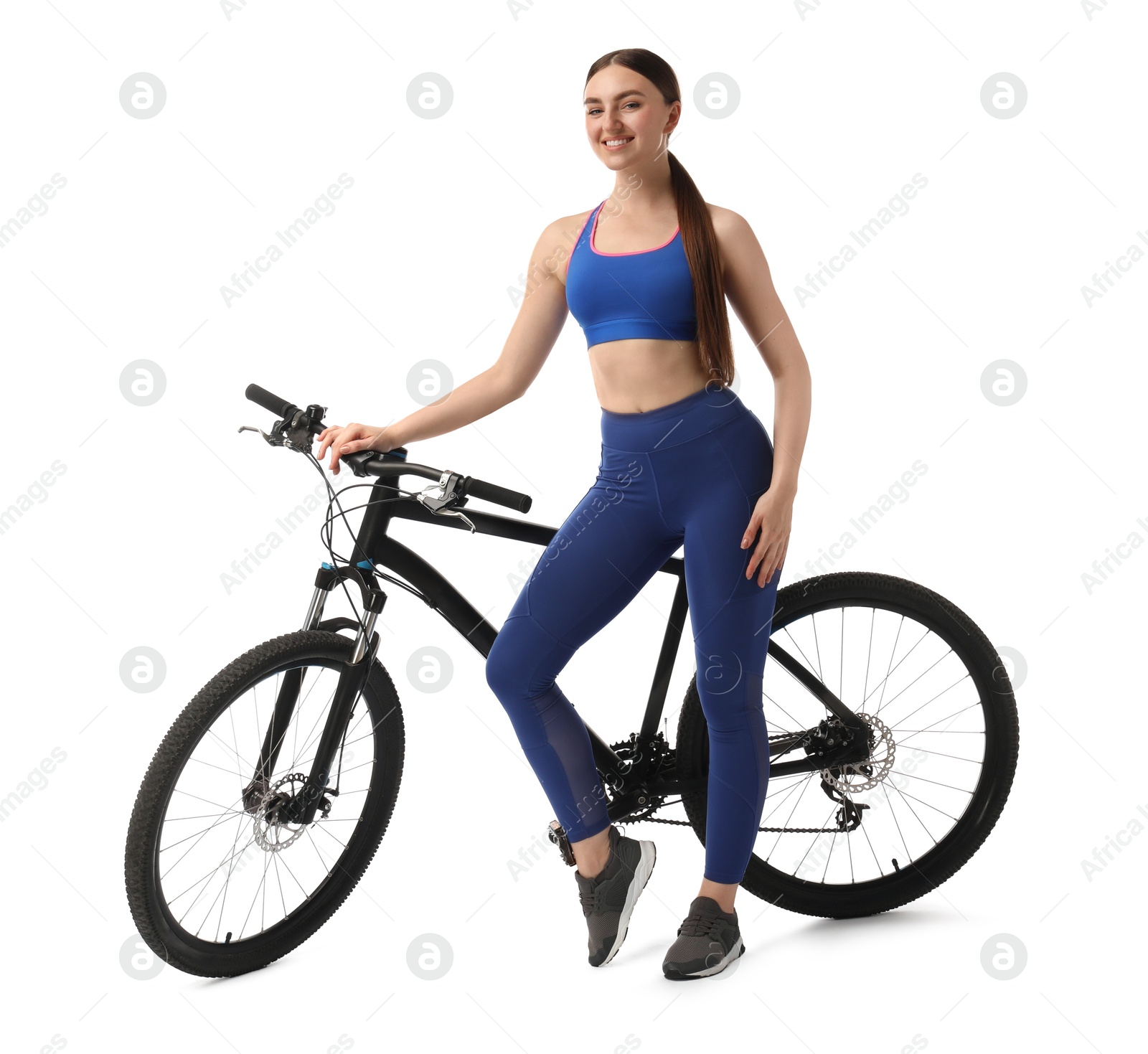 Photo of Smiling woman with bicycle isolated on white