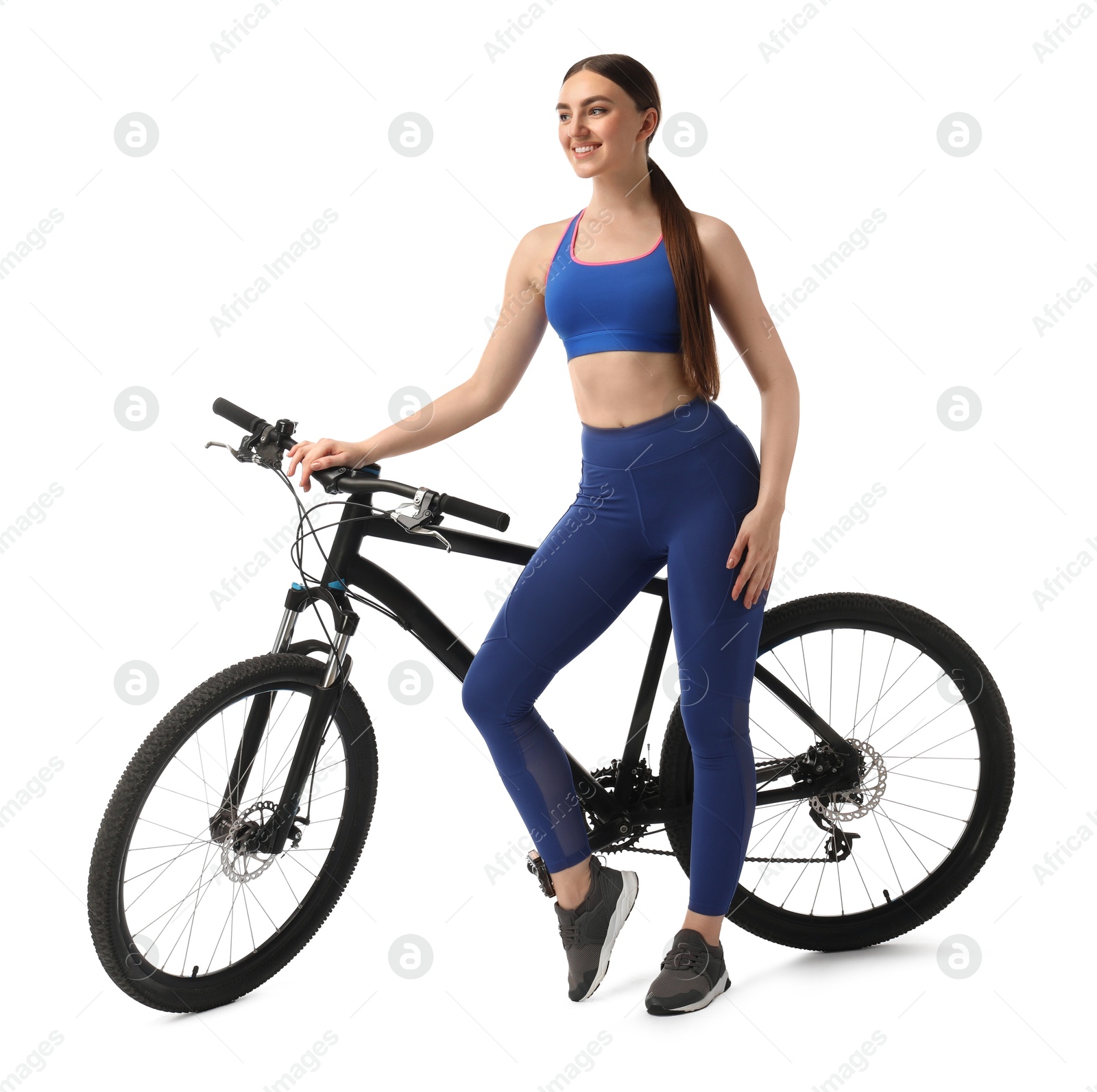 Photo of Smiling woman with bicycle isolated on white