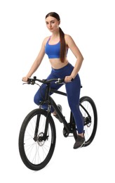 Photo of Beautiful young woman riding bicycle on white background