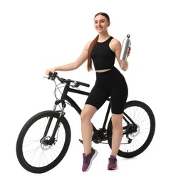Photo of Smiling woman with bicycle and bottle of drink isolated on white