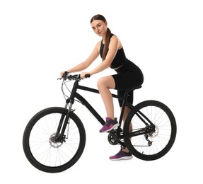 Photo of Beautiful young woman on bicycle against white background
