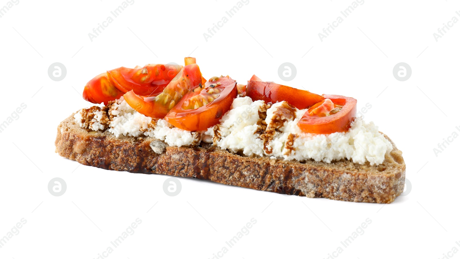 Photo of Delicious ricotta bruschetta with tomatoes and sauce isolated on white