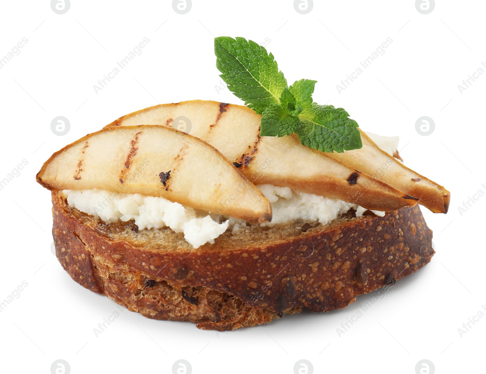 Photo of Delicious bruschetta with ricotta cheese, pear and mint isolated on white