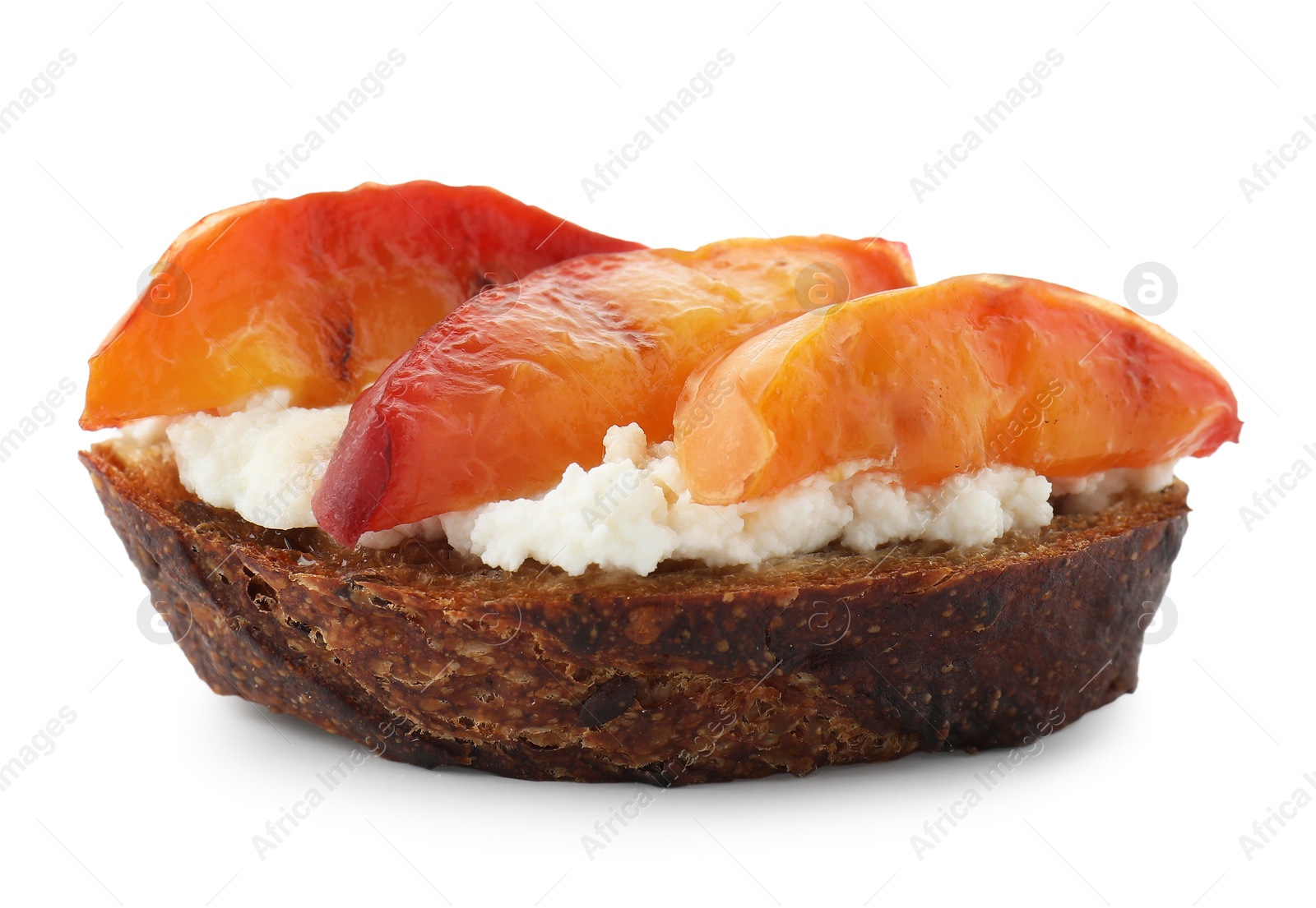 Photo of Delicious bruschetta with ricotta cheese and peach isolated on white