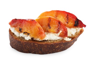 Photo of Delicious bruschetta with ricotta cheese and peach isolated on white
