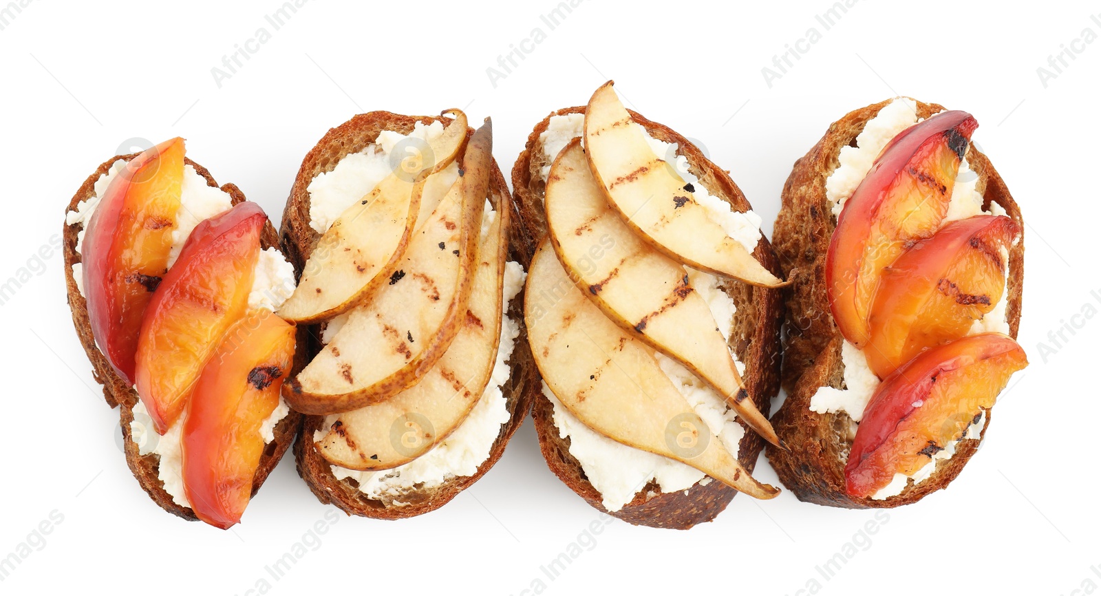 Photo of Delicious bruschettas with ricotta cheese isolated on white, top view