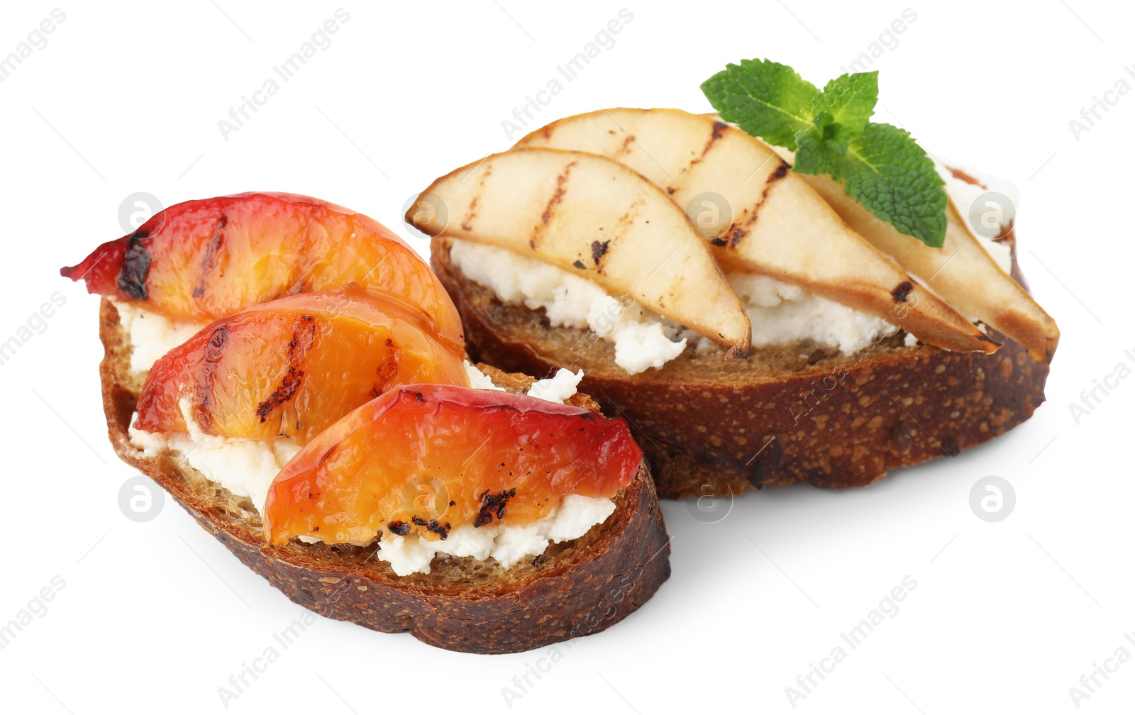 Photo of Delicious bruschettas with ricotta cheese isolated on white