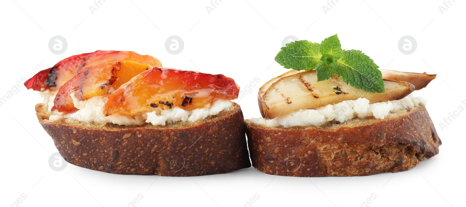 Photo of Delicious bruschettas with ricotta cheese isolated on white