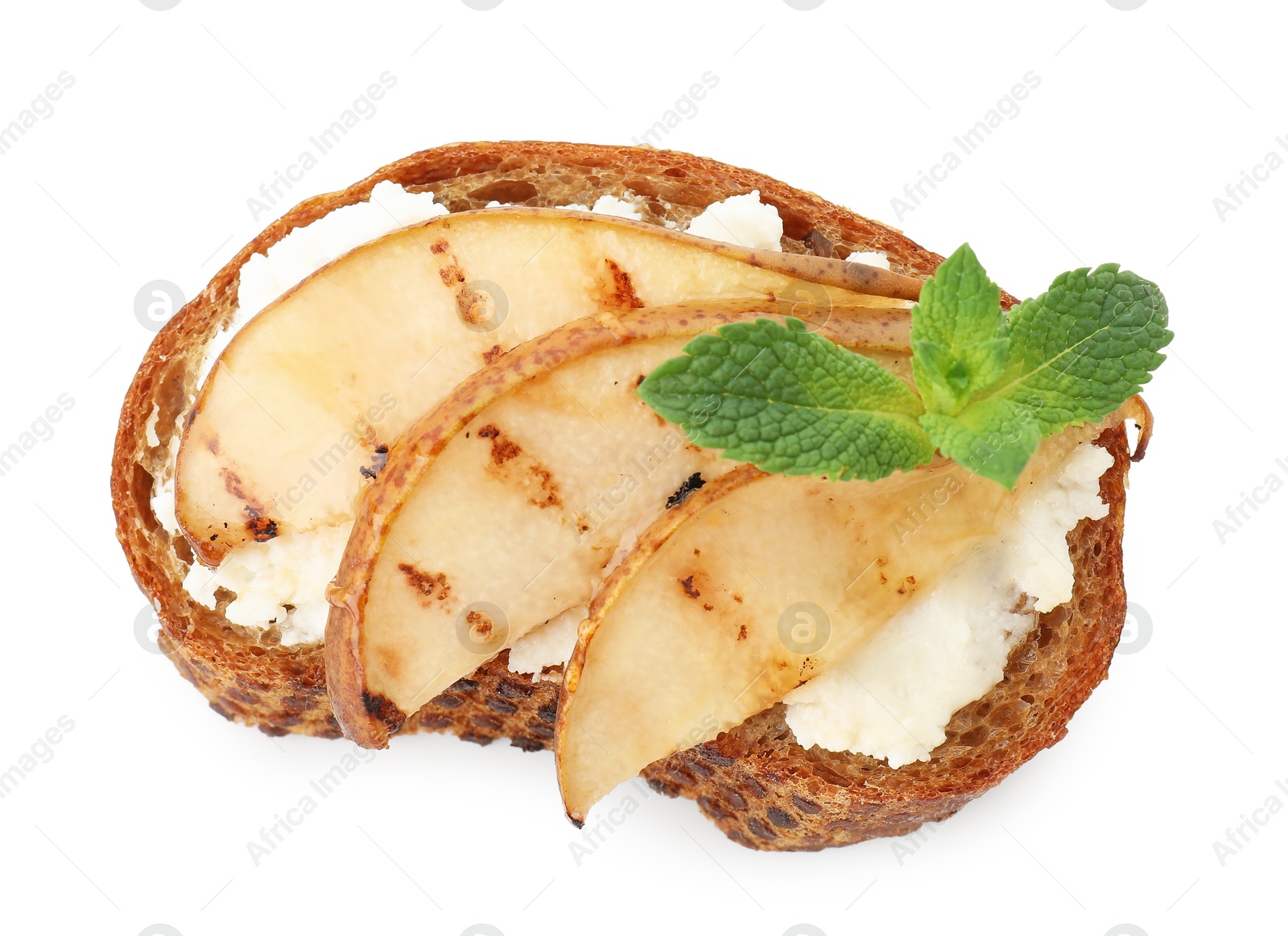 Photo of Delicious bruschetta with ricotta cheese, pear and mint isolated on white, top view