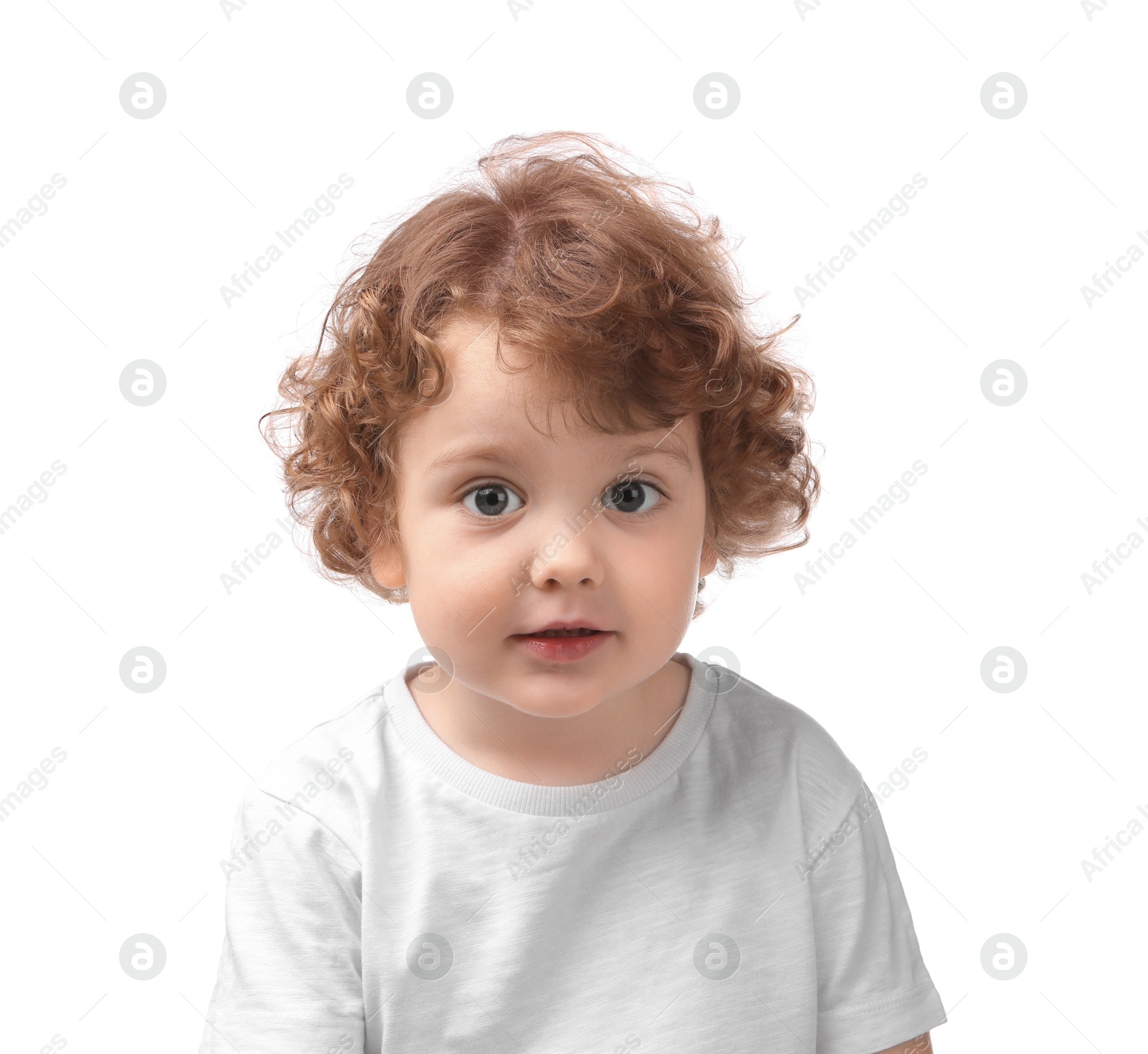 Photo of Portrait of cute little boy on white background