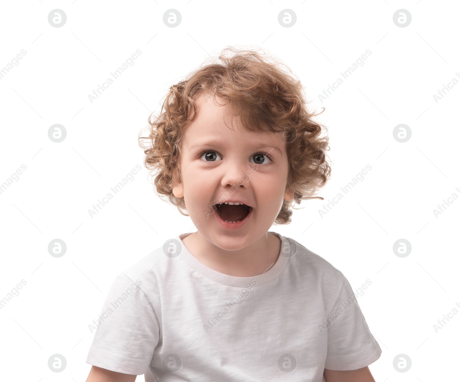 Photo of Portrait of emotional little boy on white background