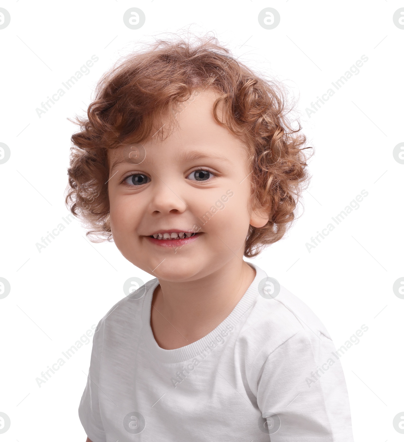 Photo of Portrait of cute little boy on white background