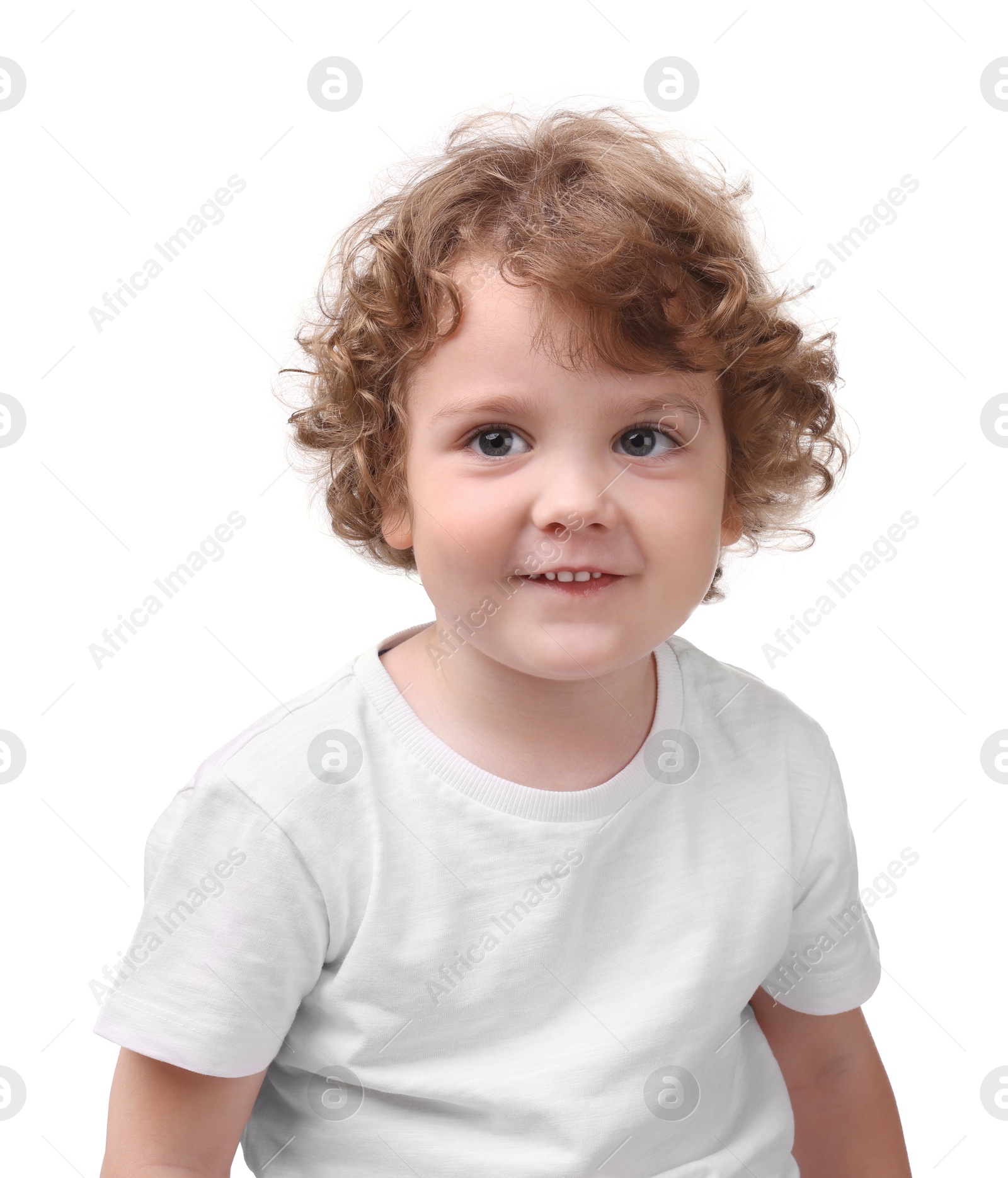 Photo of Portrait of cute little boy on white background