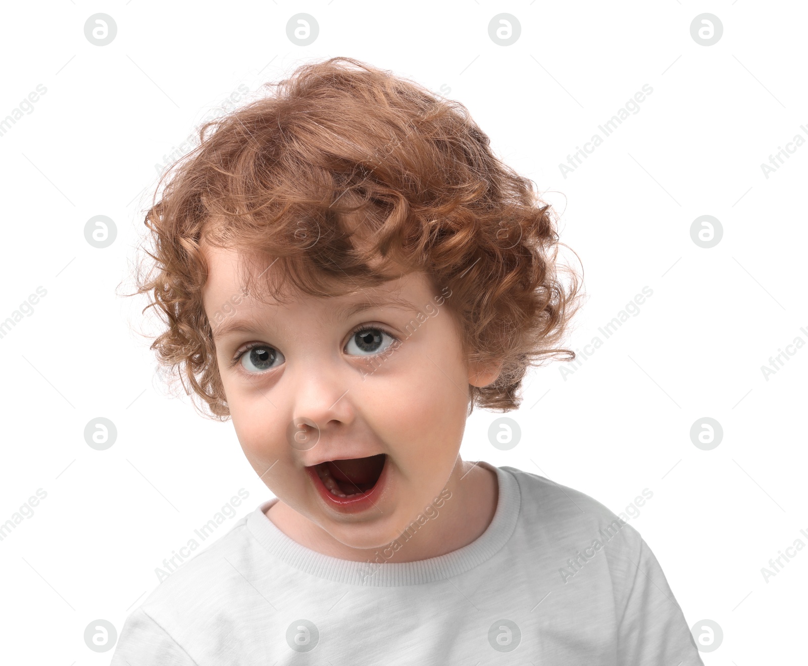 Photo of Portrait of emotional little boy on white background