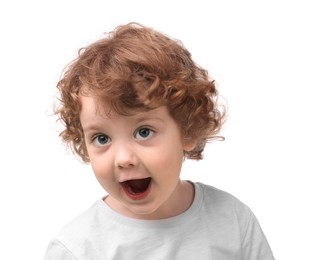 Photo of Portrait of emotional little boy on white background