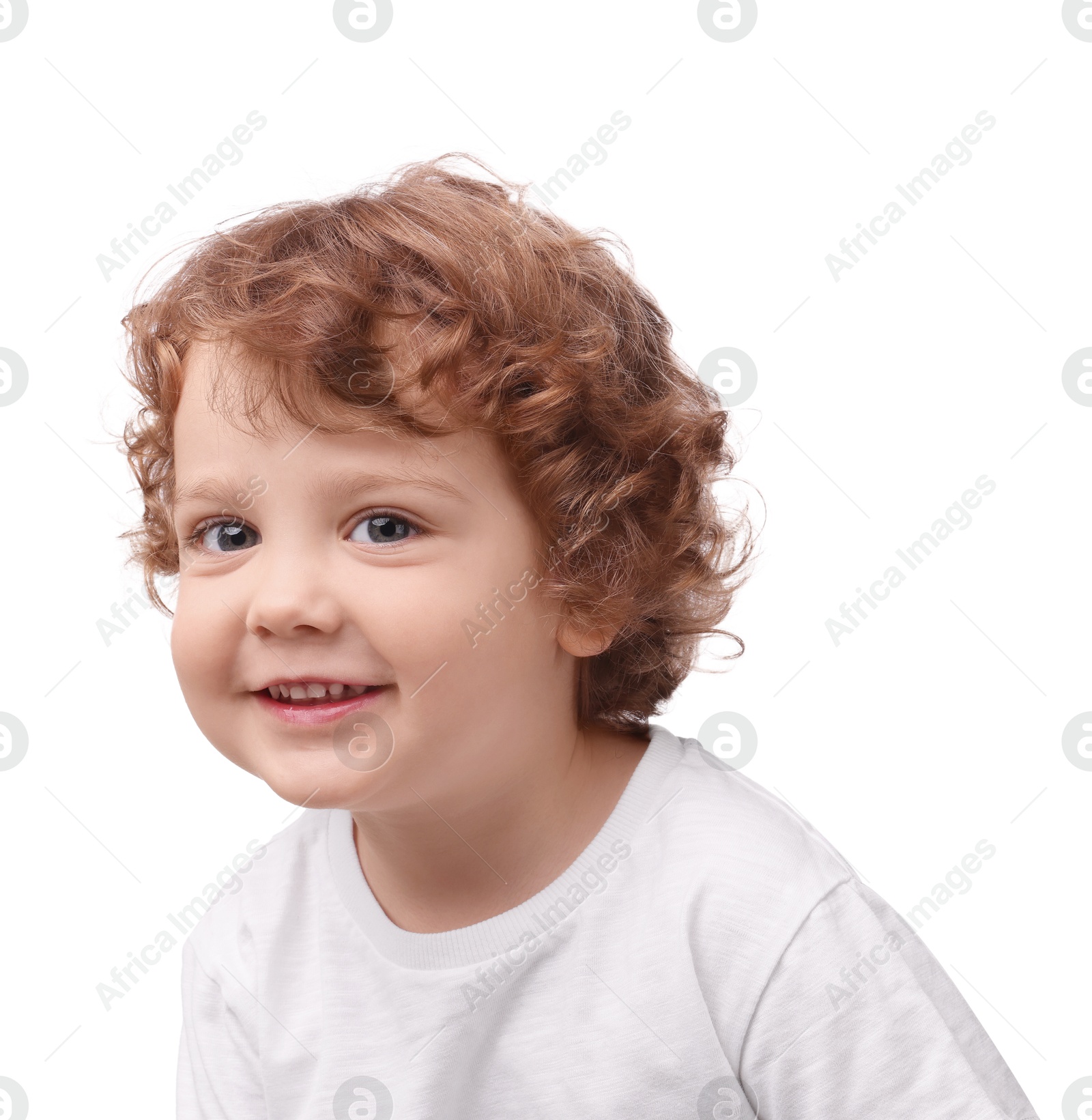 Photo of Portrait of cute little boy on white background