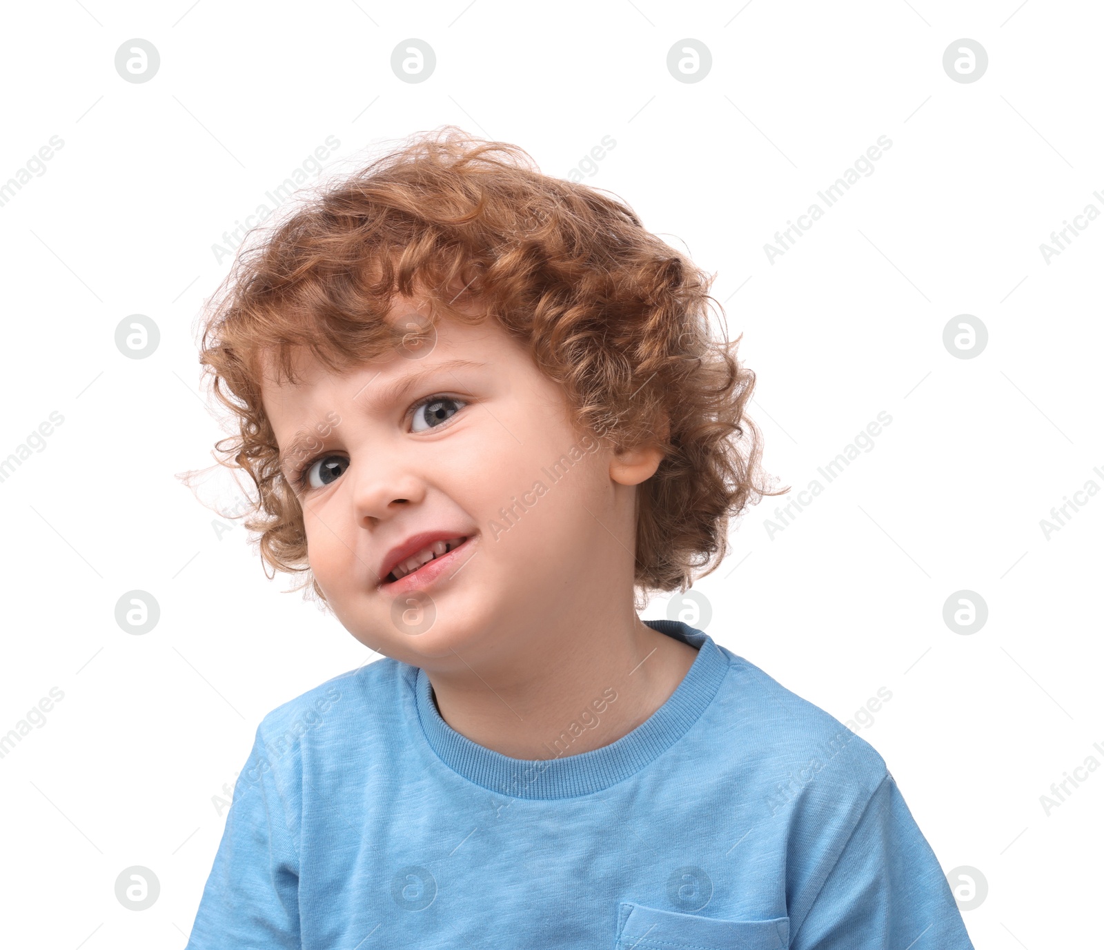 Photo of Portrait of emotional little boy on white background