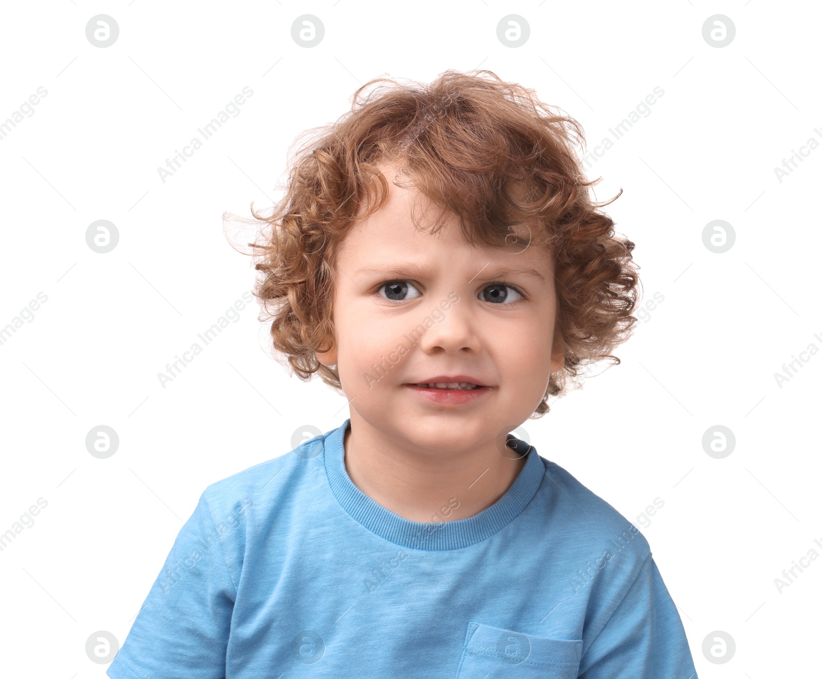 Photo of Portrait of cute little boy on white background