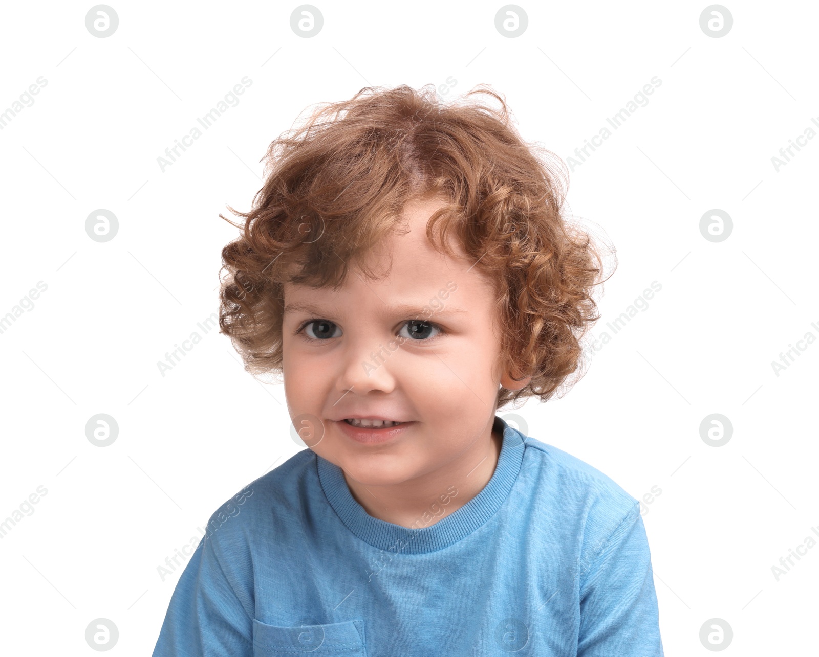 Photo of Portrait of cute little boy on white background