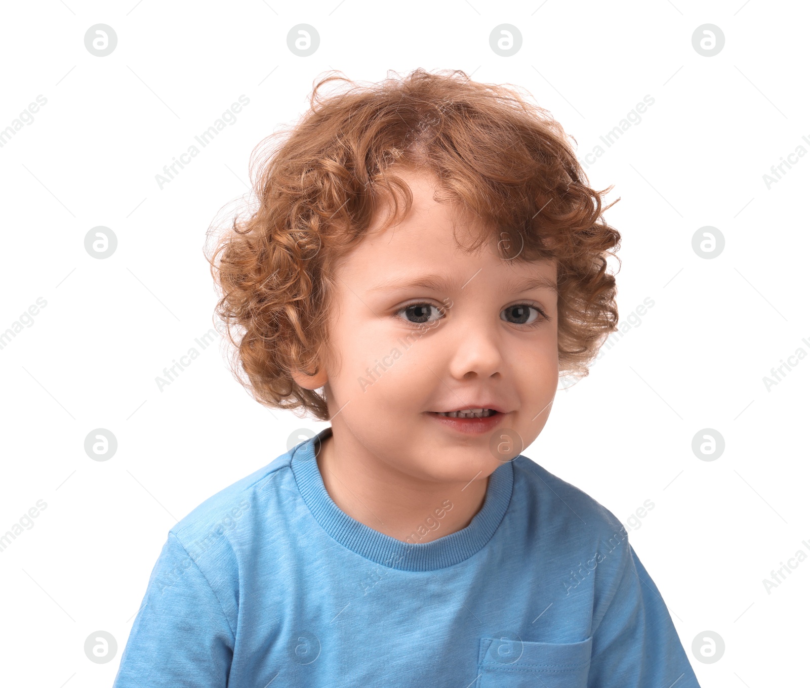 Photo of Portrait of cute little boy on white background