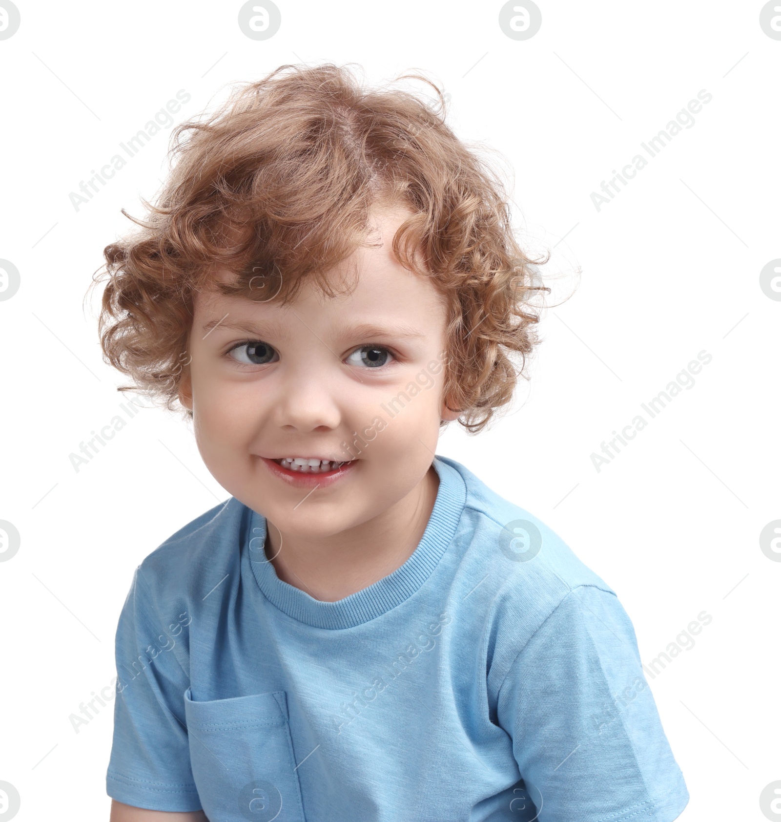 Photo of Portrait of cute little boy on white background