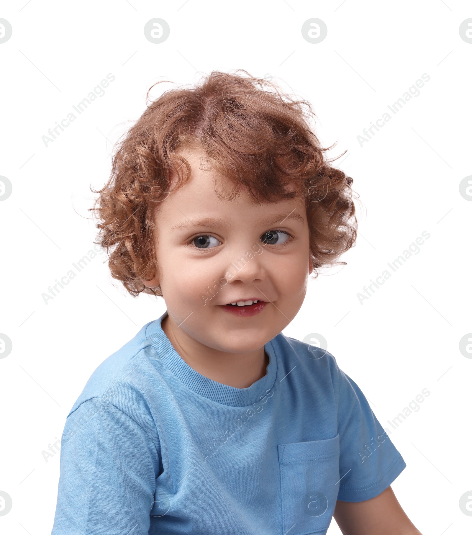 Photo of Portrait of cute little boy on white background