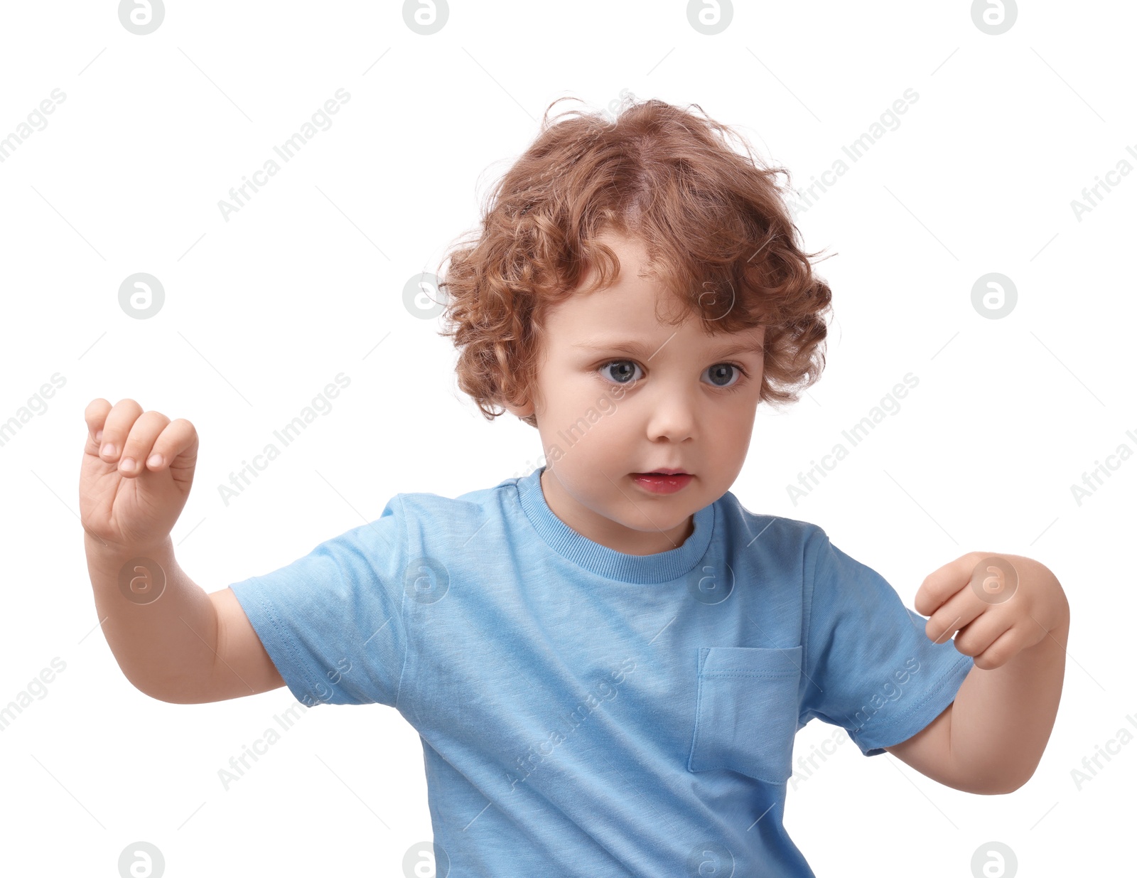 Photo of Portrait of cute little boy on white background