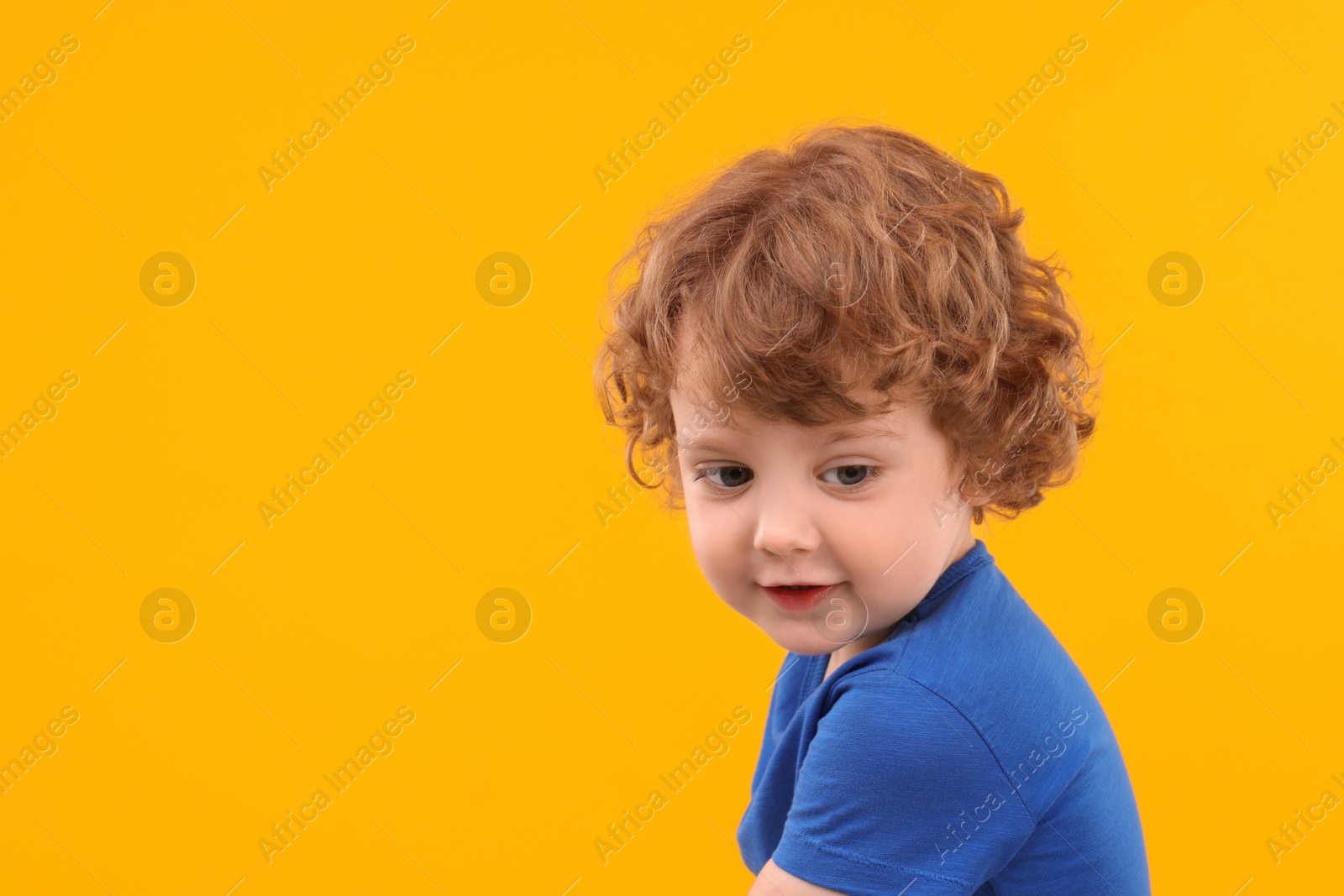 Photo of Portrait of cute little boy on yellow background, space for text