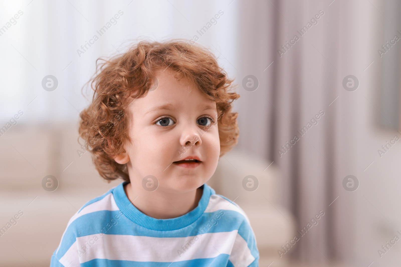 Photo of Portrait of little boy indoors, space for text. Cute child