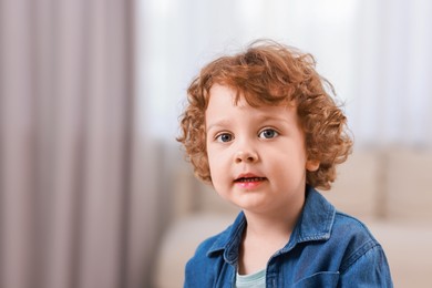 Portrait of little boy indoors, space for text. Cute child