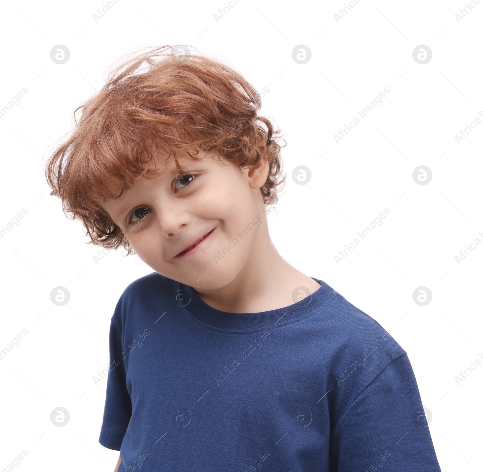 Photo of Portrait of cute little boy on white background