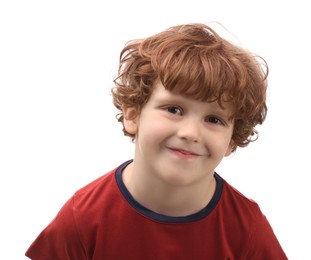 Photo of Portrait of cute little boy on white background