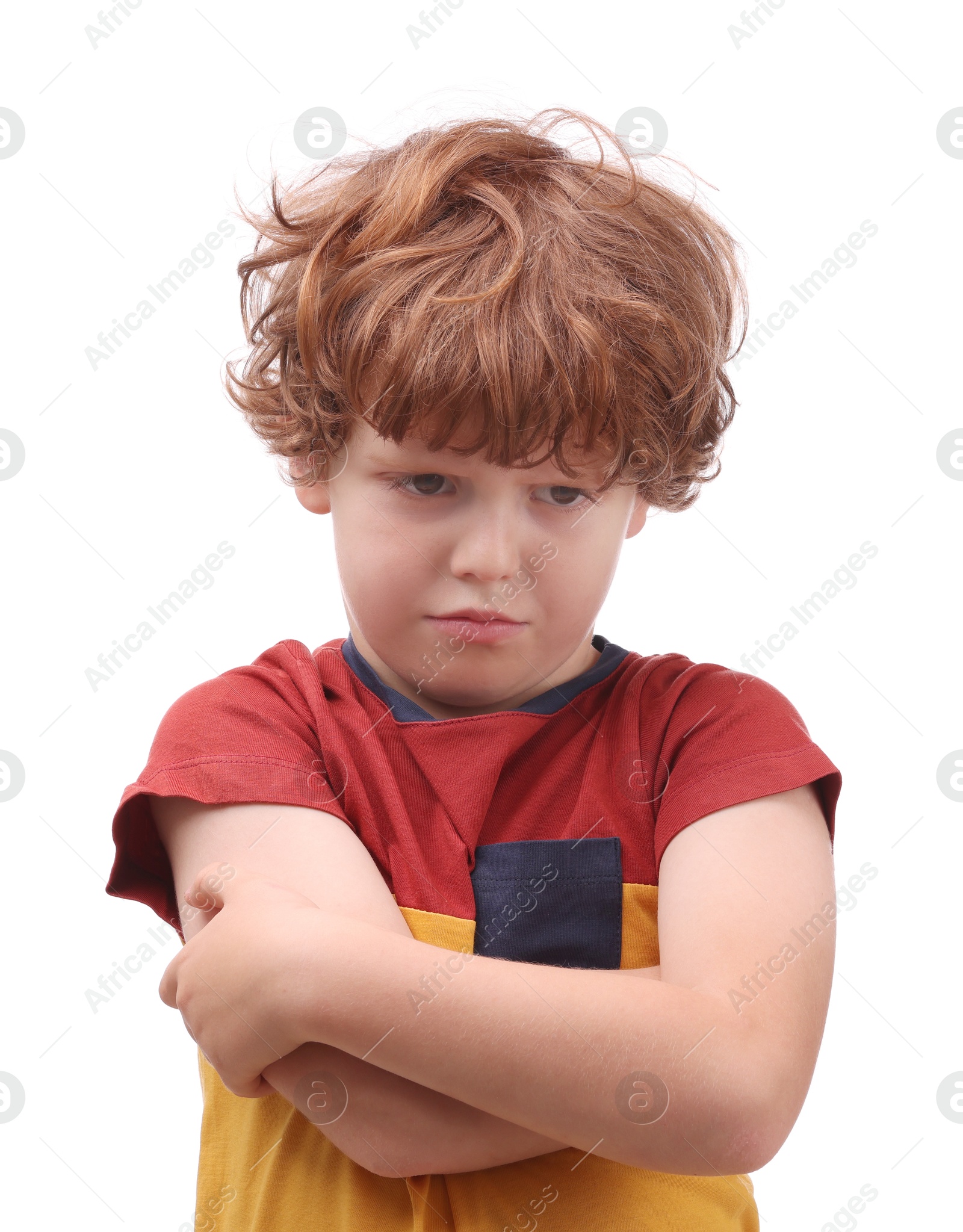 Photo of Portrait of cute little boy on white background